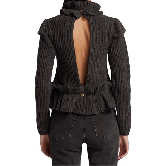 Ganni Phantom Gray Ruffle Open Back Wool Sweater XS NWT - Picture 5 of 12